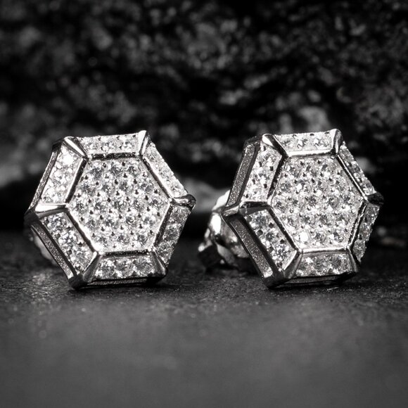 White Gold 925 Sterling Silver Men's Hip Hop Octagon Cz Stud Earrings - Picture 1 of 5